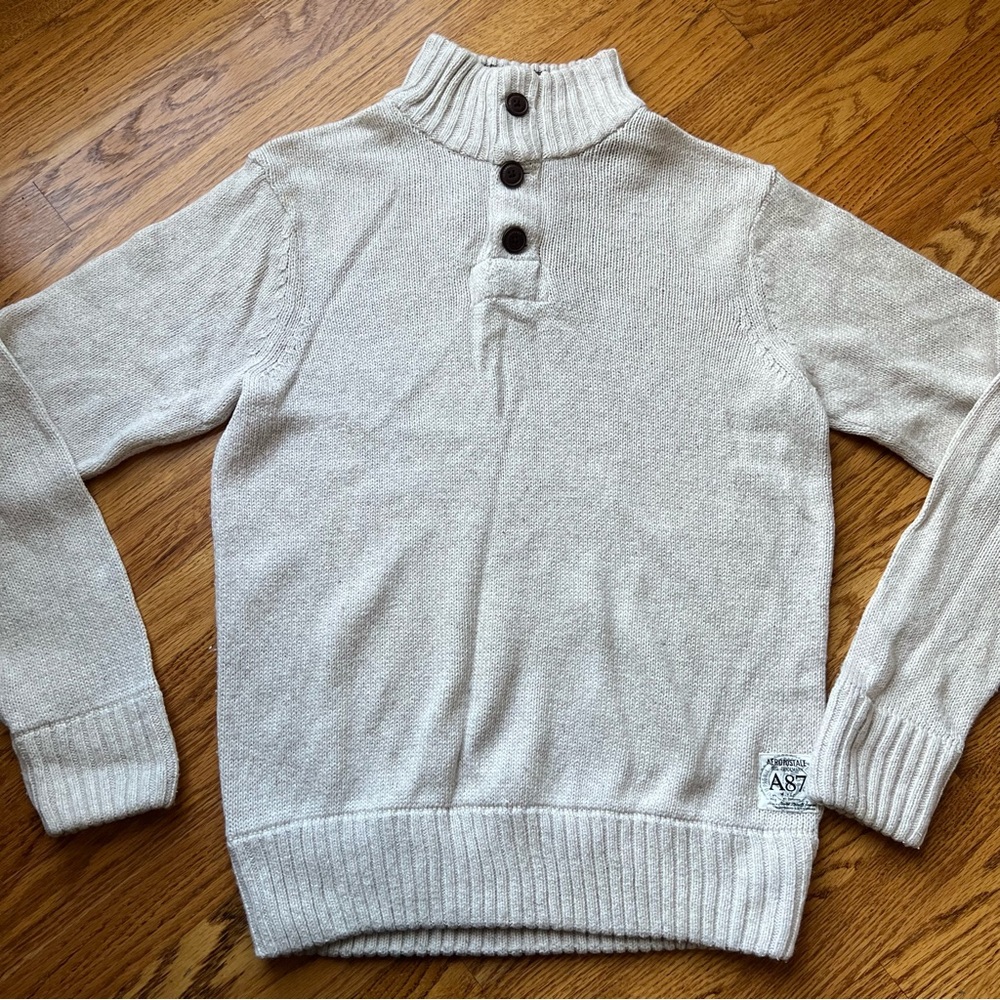 Aeropostale Sweater Mens Medium Beige Pullover 1/4 Button Mock Neck Long Sleeve